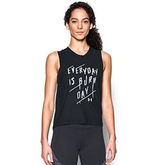 Under Armour Thin Black Athletic Muscle Tank Top Every Day Is Burn Day Size LG - Picture 1 of 5